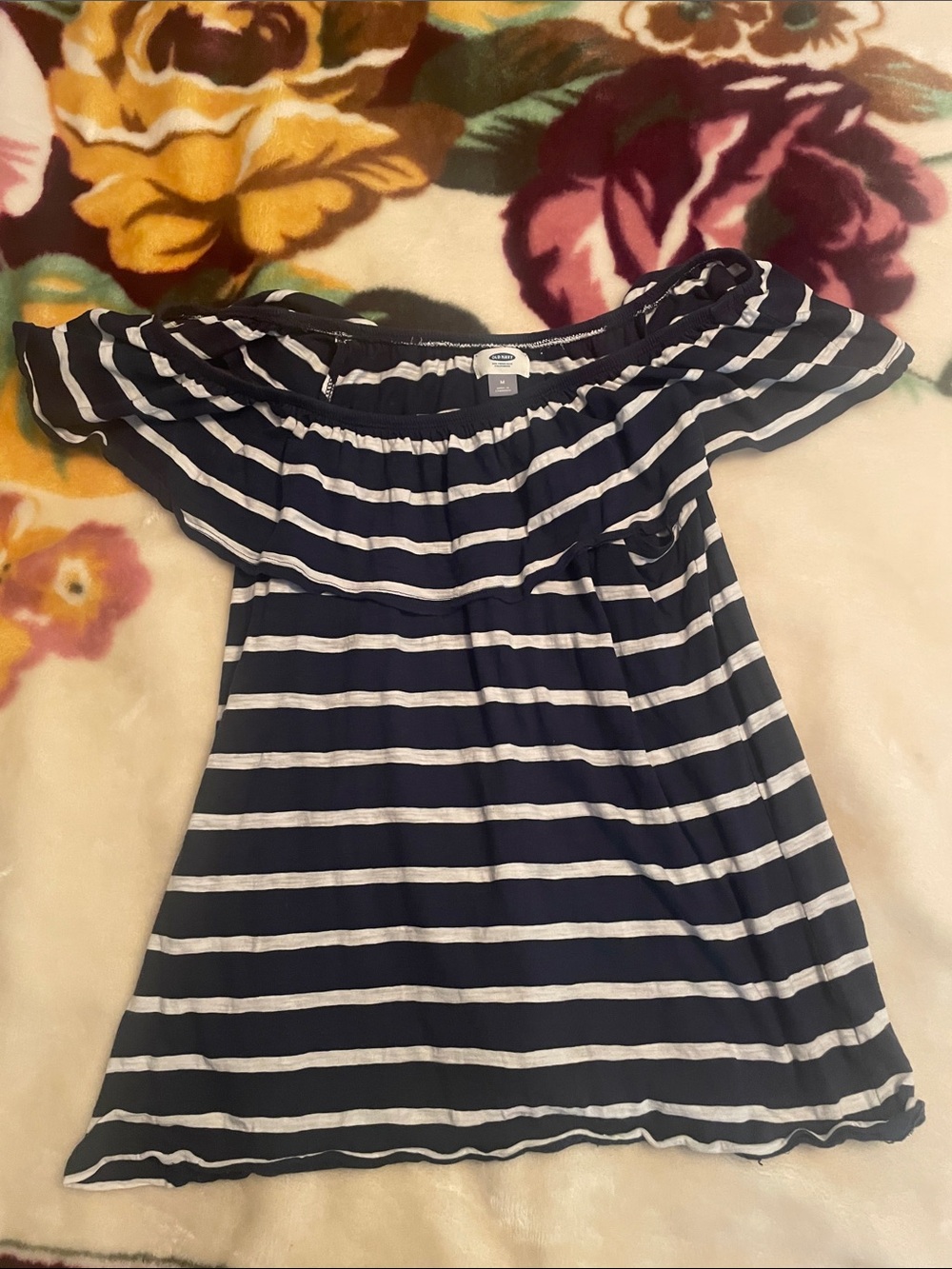 Old Navy Navy and White Striped Off-Shoulder Shirt Size M